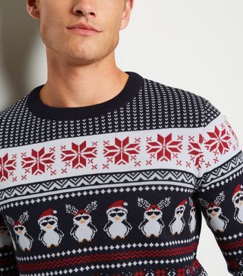 Navy Penguin Fair Isle Knit Jumper New 