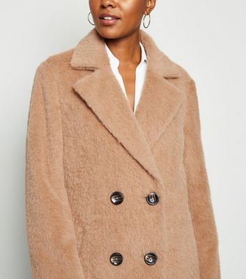 Camel Fluffy Collared Longline Coat New 