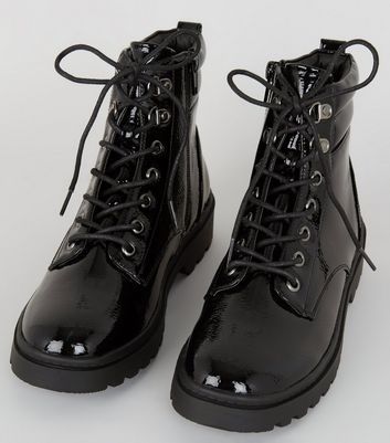 Black Patent Chunky Hiker Boots New 