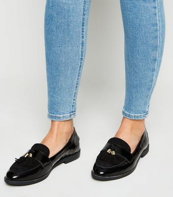 black patent tassel fringe trim loafers