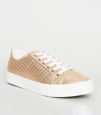 Rose Gold Quilted Lace Up Trainers New 