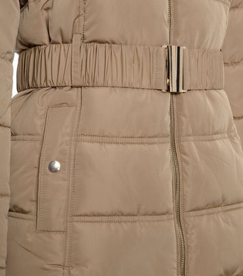 fitted puffer coat with fur hood