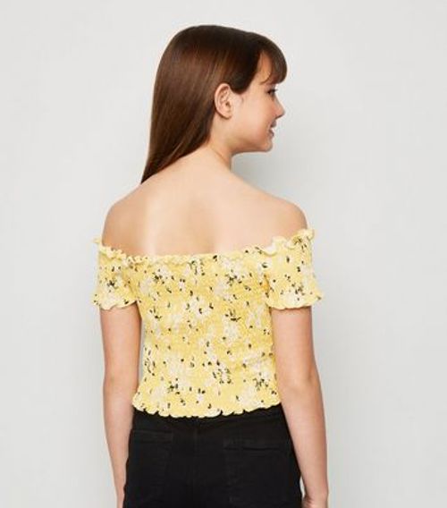 Girls Yellow Floral Shirred...