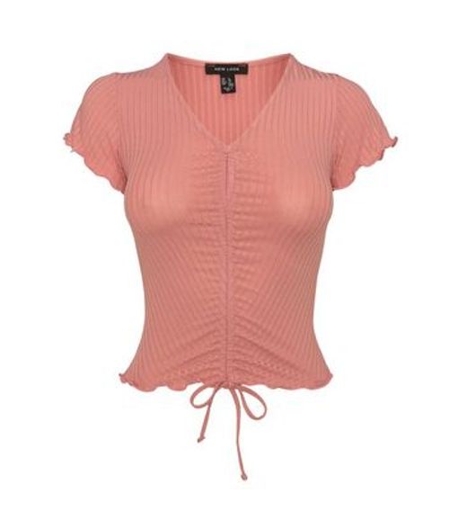 Pink Ribbed Ruched Tie Front...