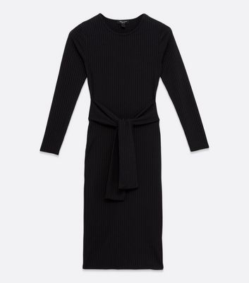 Petite Black Ribbed Tie Waist Midi 