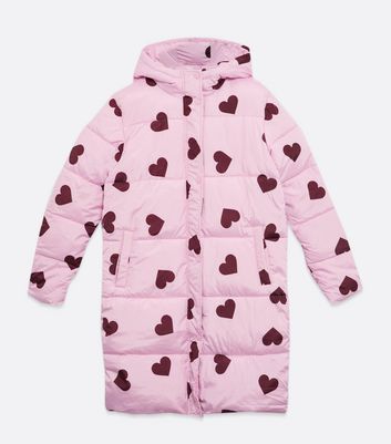 Girl Pink Heart Long Puffer Coat 