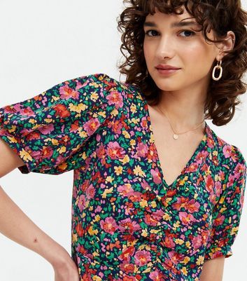 Blue Vanilla Navy Floral Ruched Puff 