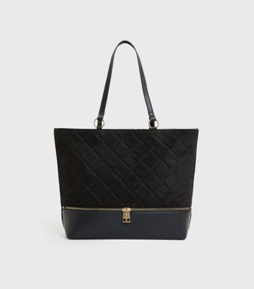 Black Quilted Suedette Double Zip Tote Bag