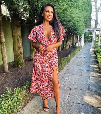 AX Paris Red Ditsy Floral Ruched Midi 