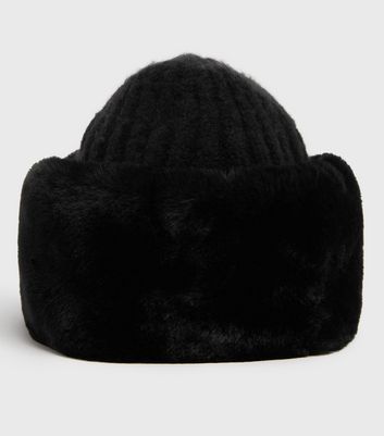 Black Knit Faux Fur Trim Hat New Look 