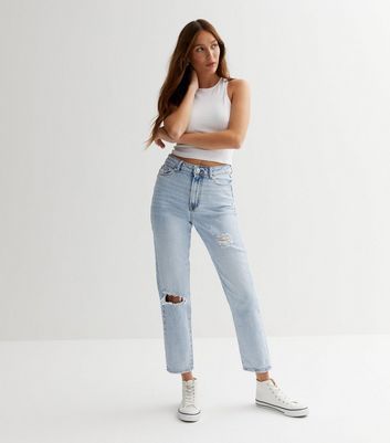 Blue Acid Wash Ripped Tori Mom Jeans 