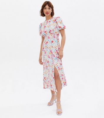 White Floral Puff Sleeve Split Hem Midi 