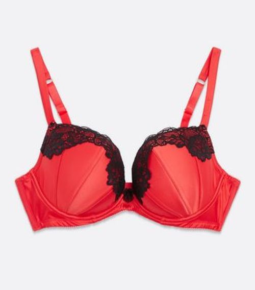 Red Satin Lace Trim Plunge...