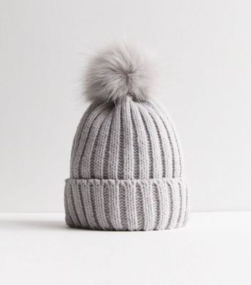 Pale Grey Knit Faux Fur Pom...