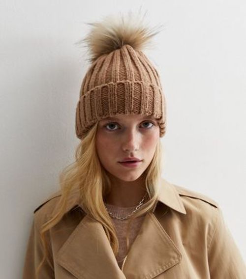 Camel Knit Faux Fur Pom Pom...