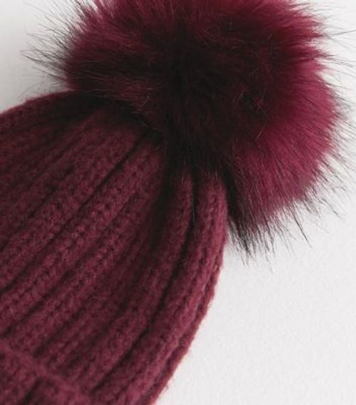 Burgundy Knit Faux Fur Pom...