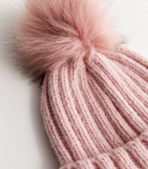 Mid Pink Knit Faux Fur Pom...