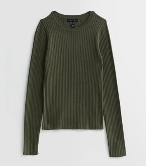 Khaki Ribbed Knit Long Sleeve...