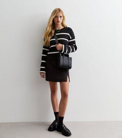 Black Stripe Ribbed Knit Crew...