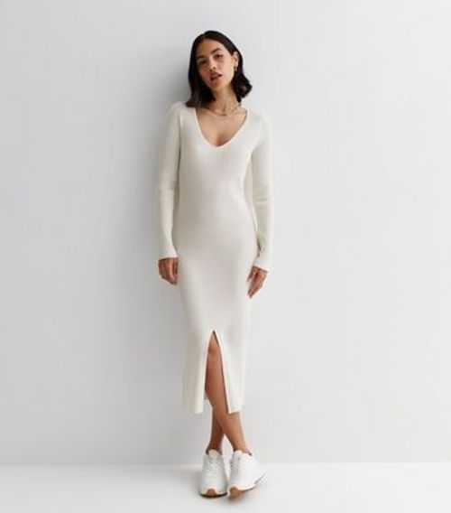 Cream Ribbed Knit Split Hem...