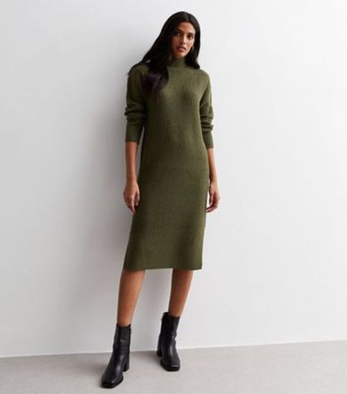 Khaki Ribbed Knit High Neck...