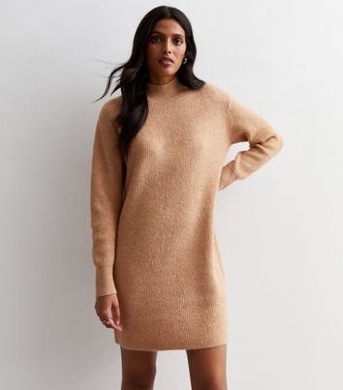 Camel Ribbed Knit High Neck...