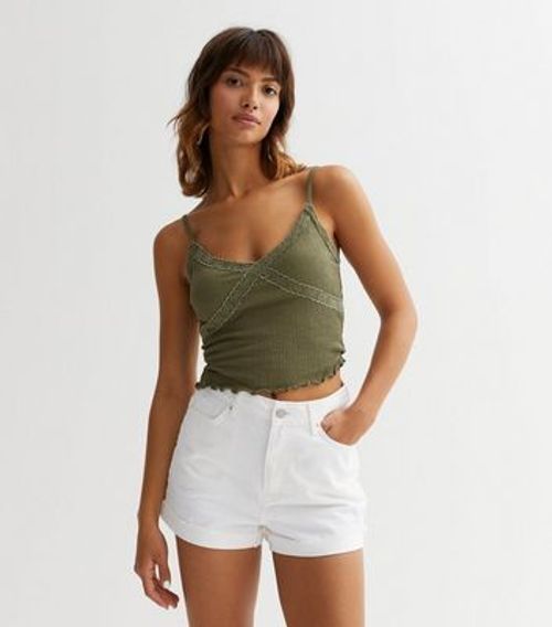 Khaki Crinkle Lace Trim Cami...