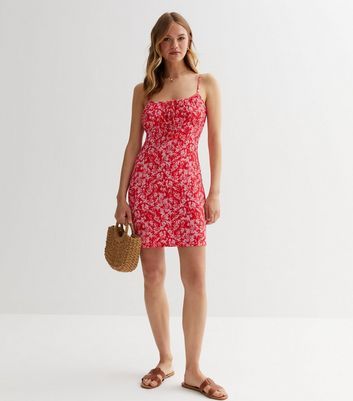 Red floral cheap strappy dress