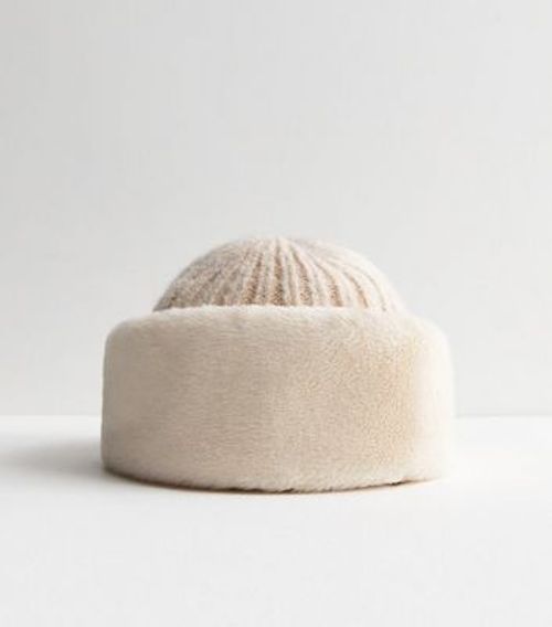 Cream Faux Fur Trim Beanie...