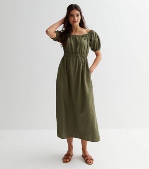 Khaki Ruched Bardot Midaxi...