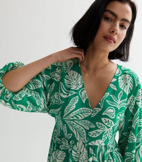 Green Leaf Print Puff Sleeve...