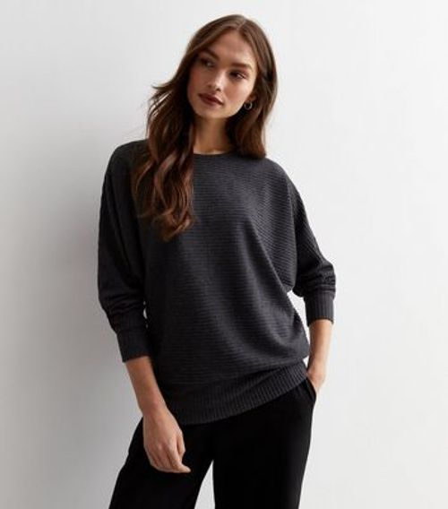 Dark Grey Ribbed Knit Batwing...