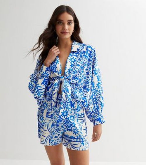 Blue Tile Print Satin Shorts...