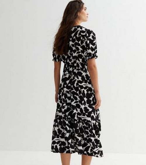 Black Leaf Print Puff Sleeve...