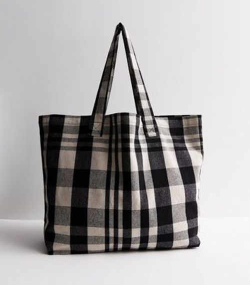 Black Check Canvas Large Tote...