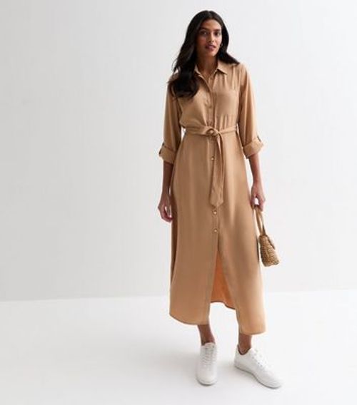 Camel Belted Midi Shirt Dress...