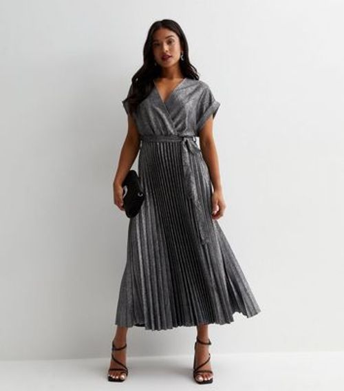 Petite Silver Glitter Pleated Midaxi Dress New Look