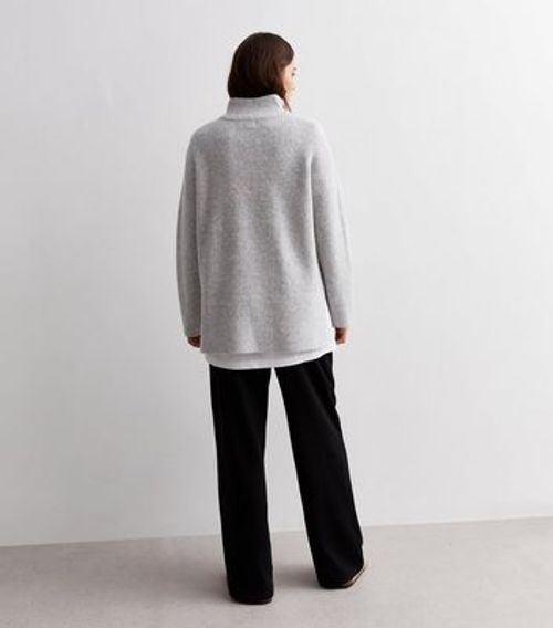 Grey Ribbed Knit Zip Neck...