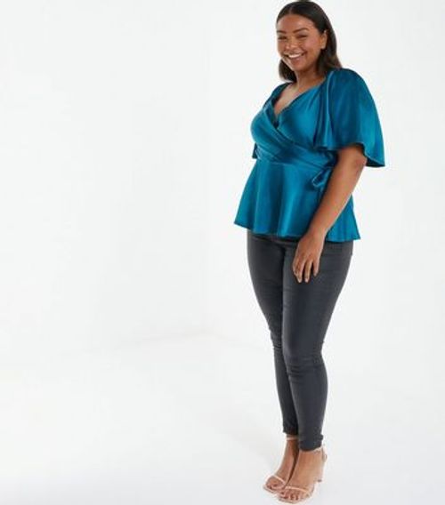 QUIZ Curves Teal Wrap Peplum...