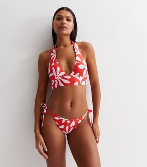 Red Leaf Print Halter Bikini...