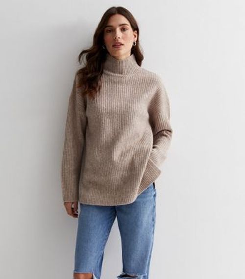 Mink Ribbed Knit High Neck...