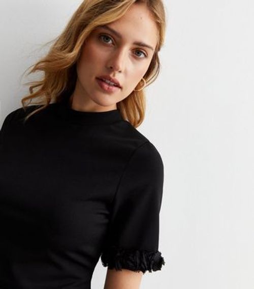 Black Ribbed High Neck Ruffle...