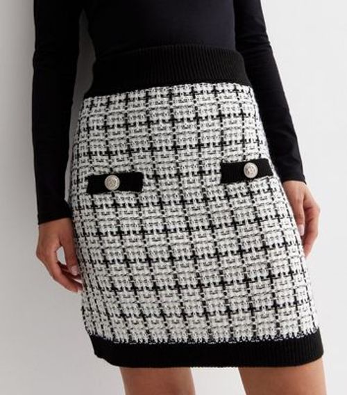 White Check Knit High Waist...