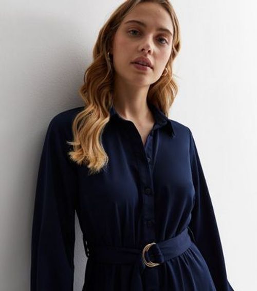 Navy Belted Mini Shirt Dress...