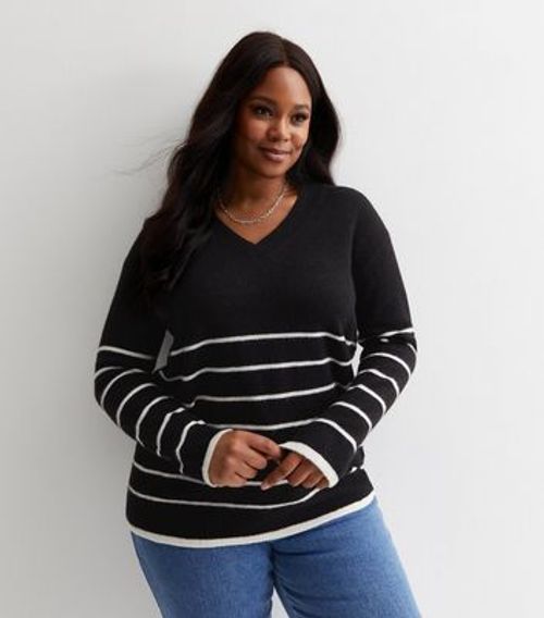 Curves Black Stripe Knit V...