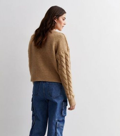 Camel Cable Knit Crew Neck...