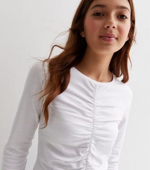 Girls White Ribbed Ruched...