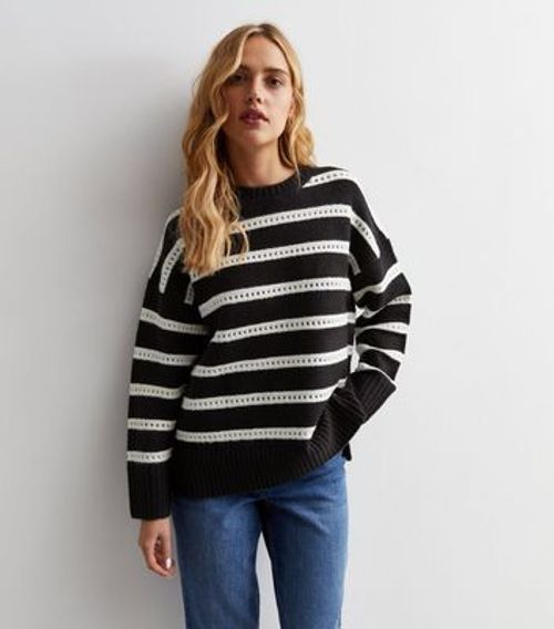 Black Stripe Mesh Stitch Knit...