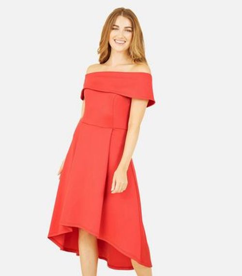 Mela Red Bardot Dip Hem Midi...