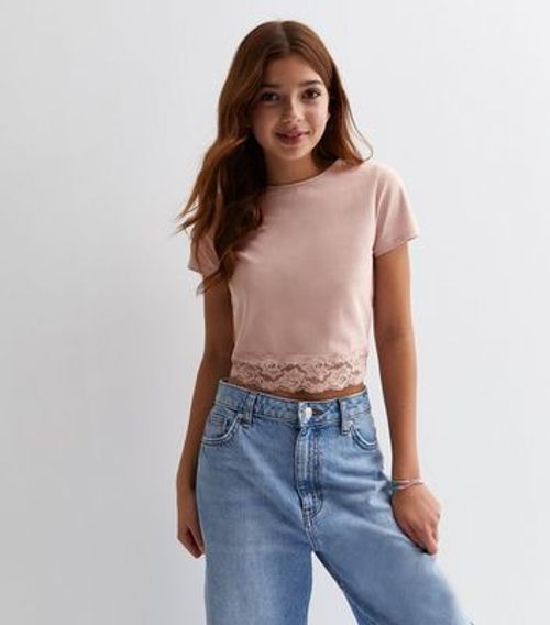 Girls Pink Lace Hem Top New...